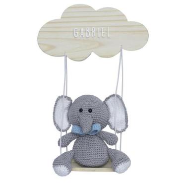 Imagem de Porta Maternidade Nuvem Balança com Elefante de Gravata Azul Quarto Be