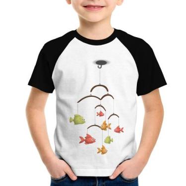 Imagem de Camiseta Raglan Infantil Peixinhos Móbile - Foca na Moda, Branco, Pret