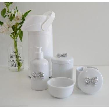 Imagem de kit Higiene Bebê Potes K021 Cotonete Prata Algodão Limpeza Porcelana M