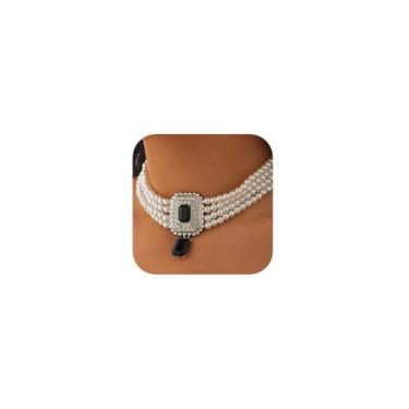Imagem de fxmimior Gargantilha feminina Boho anos 20 com pérolas, conjunto de brincos, ouro, prata, verde, pérolas, colares em camadas, preto, multicamadas, strass, camadas, Metal, Strass