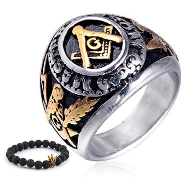 Imagem de Gungneer Anel maçônico masculino com símbolo de bússola e quadrado de maçonaria de aço inoxidável para motociclista, Metal