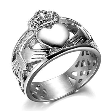 Imagem de Anel masculino de aço inoxidável claddagh irlandês amizade amor coração nó celta coroa noivado aliança de casamento (7)