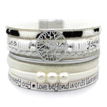 Imagem de P Ammy Fashion® Pulseiras femininas inspiradoras de couro da árvore da vida, boêmio, com fecho magnético, Medium, Couro sintético, Quartzo criado