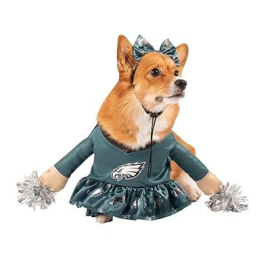 Imagem de Fantasia de cachorro de torcida oficialmente licenciada pelo NFL Philadelphia Eagles, inclui vestido com braços de pelúcia falsa, pompons de tinsel e faixa de cabeça com laço de cetim, tamanho GG