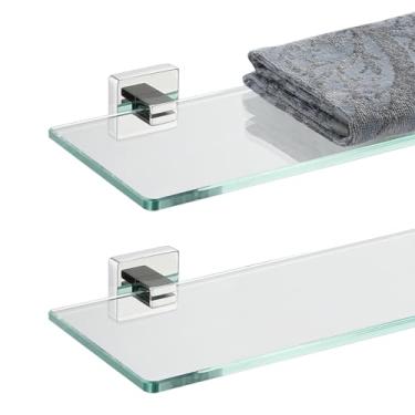Imagem de JQK Prateleira de vidro para banheiro, chuveiro flutuante de vidro temperado, armazenamento de 40,6 x 12,7 cm, aço inoxidável 304, suporte de parede cromado polido, pacote com 2, TGS201L16-CH-P2