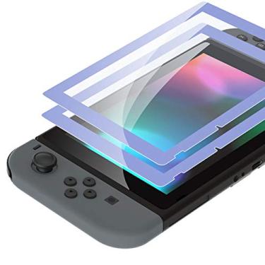 Imagem de eXtremeRate – Pacote com 2 películas protetoras transparentes de alta definição, transparentes, com bordas violetas e transparentes, de vidro temperado para Nintendo Switch [antiarranhões, anti-impressão digital, à prova de quebras, sem bolhas]