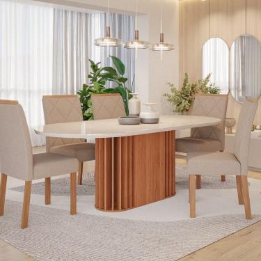 Imagem de Sala de Jantar Julieta 210cm Oval com 6 Cadeiras Fernanda CINAMOMO/OFF/MAD/LINHO BEGE