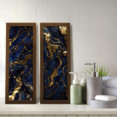 Imagem de Kit 2 Quadros Decorativos Lavabo Mármore Marmorizado Azul Dourado Mode