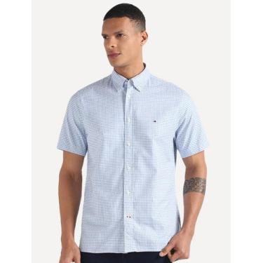 Imagem de Camisa Tommy Hilfiger Masculina Manga Curta Xadrez Gingham Branca/Azul