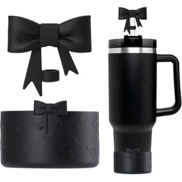 Imagem de Bota de silicone preta com laço e canudo para garrafas de água Stanley, capa de manga antiderrapante, cabe em base de 7 a 7,5 cm (laço preto e topo de palha)