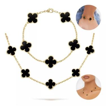 Imagem de Conjunto Colar e Pulseira Trevos Dourado e Preto Ônix - Perochecha