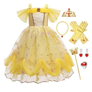 Imagem de FMYFWY Vestido chique de princesa Bela e Fera para meninas, Halloween, Natal, aniversário, renda, com acessórios, amarelo 011,6-7T