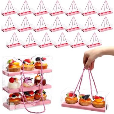 Imagem de Thenshop Conjunto de 20 caixas transparentes para cupcake 23 x 7,6 x 7,6 cm, embalagem portátil de pastelaria com alça de corda, inserções e 3 compartimentos para armazenamento de muffins e