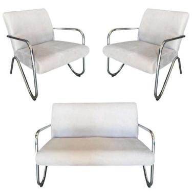 Imagem de Kit Namoradeira + 2 Poltronas Decorativa Bela Suede Bege Braço Cromado