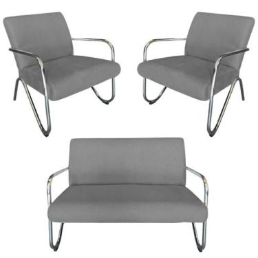 Imagem de Kit Namoradeira + 2 Poltronas Decorativa Bela Suede Cinza Braço Cromad