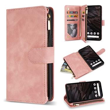 Imagem de ZZXX Capa carteira para Google Pixel 7A com compartimento para cartão com bloqueio de RFID, couro sintético macio, zíper e alça de pulso, capa protetora para Google 7A (15,5 cm rosa)