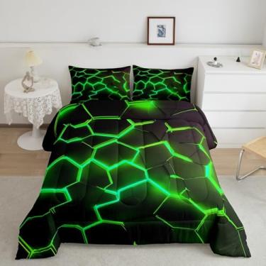 Imagem de jejeloiu Conjunto de cama geométrico 3D verde, tamanho casal, colmeia leve, conjunto de edredom para crianças, meninos, meninas, arte moderna, conjunto de edredom neon brilhante, 3 peças
