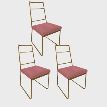 Imagem de Kit 03 Cadeiras Sala de Jantar Escritório Office Stark Industrial Ferro Dourado Suede R...
