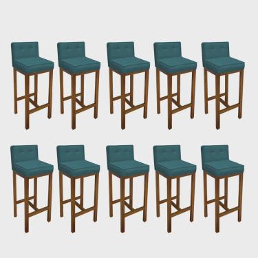 Imagem de Kit 10 Banqueta Alta Com Encosto Alba Cozinha Balcão Bistrô Base Madeira Castanho Suede Azul Turquesa - Ahz Móveis
