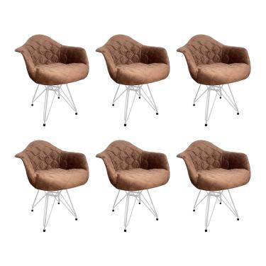 Imagem de Kit 6 Poltronas Jantar Eames Eiffel Estofadas Caramelo Base Ferro Branco