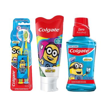 Imagem de Kit Colgate Minions Escova Smiles 6 + 2un + Creme Smiles 100g + Enxaguante Bucal Plax Kids 250ml
