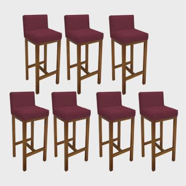Imagem de Kit 07 Banqueta Alta Com Encosto Loren Cozinha Balcão Bistrô Base Madeira Castanho Suede Bordô - Ahz Móveis