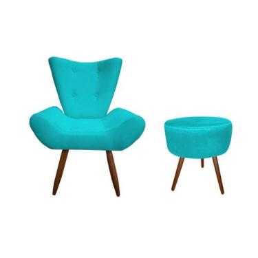 Imagem de Kit Poltrona Decorativa Emilia + Puff Redondo Suede Azul Turquesa Pés 