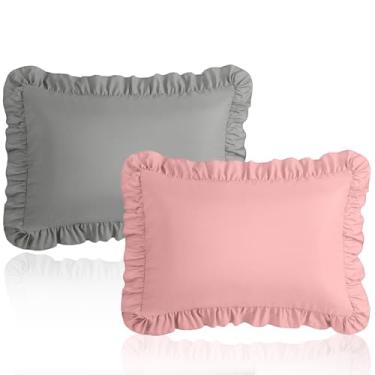 Imagem de Cobedzy Conjunto de 2 fronhas infantis de 33 x 45 cm, cinza escuro e rosa com babados, microfibra escovada, para meninos e meninas, macia, respirável, lavável na máquina