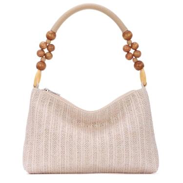 Imagem de GOKTOW Sacola de palha ráfia - Bolsa de praia boho de verão com alças de comprimento fixo, bolsa de ombro de tecido para férias, Bege, 12.6"L x 7.87"H