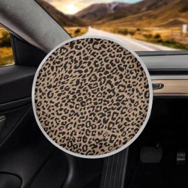 Imagem de Dreaweet Capa de volante com estampa de leopardo marrom, proteção de volante de carro isolada para bloquear o sol e o calor, acessórios de carro com estampa de chita 43 cm escudo de volante para