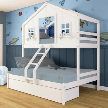 Imagem de Beliche Casal/ Solteiro Casinha dos Sonhos com 02 Gavetas Madeira Maciça Branco Megamobilia