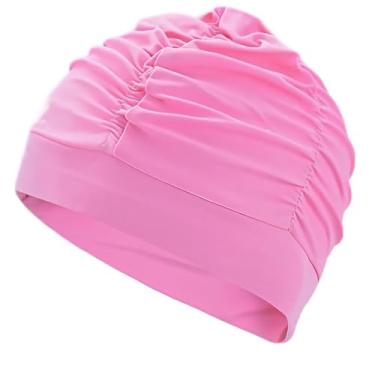 Imagem de Touca de natação feminina adulto ajuste confortável design elegante para piscina fique seguroFashionab touca de natação de tecido para mulheres natação para tecido plissado elástico confortável