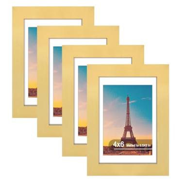 Imagem de SZYUU Conjunto de 4 porta-retratos 10 x 15 cm, vidro real de alta definição, exiba imagens de 9 x 12 cm com tapete ou 10 x 15 cm sem tapete, molduras para pendurar na parede ou mesa, dourado