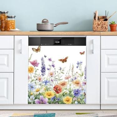Imagem de Flor Borboleta Lava-louças Ímã Capa para Lavadoras de Geladeira Painel Decalque Decoração de Cozinha Casa, Armário Máquina de Lavar Roupa Reutilizável, Capas de Lava-Louça, 66 x 58 cm