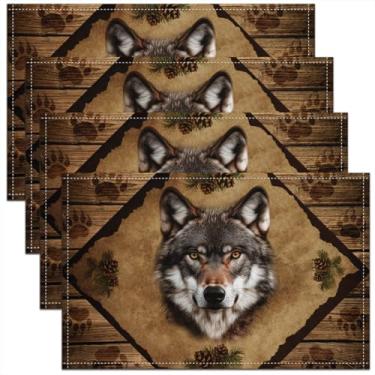 Imagem de Jogo americano com estampa de cabeça de lobo 3D 30,5 x 45,7 cm, conjunto de 4 tapetes de cozinha com estampa de pata de animal selvagem, cabana para crianças, adolescentes e adultos, pinhas, retrô