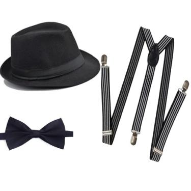 Imagem de Soffpjy Fantasia masculina década de 1920 chapéu Fedora Gatsby Gangster acessórios suspensórios e gravata borboleta pré-amarrada, Listra preta C, Large（59-60cm）