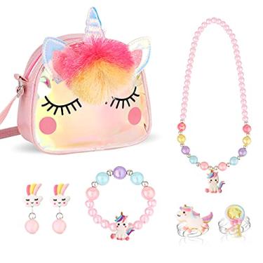Imagem de HIFOT Bolsa transversal de unicórnio com conjunto de joias para meninas, colar de princesa de unicórnio, brincos de pulseira, acessórios de bolsa, joias para lembrancinhas de festa