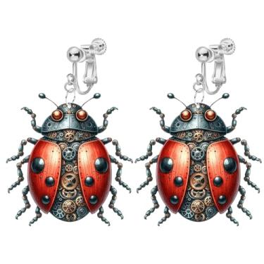 Imagem de Brincos pendentes de besouro com clipe para mulheres, não perfurados, padrão 2D exclusivo, brincos bonitos de acrílico joaninha da moda, Acrílico, Sem pedra preciosa