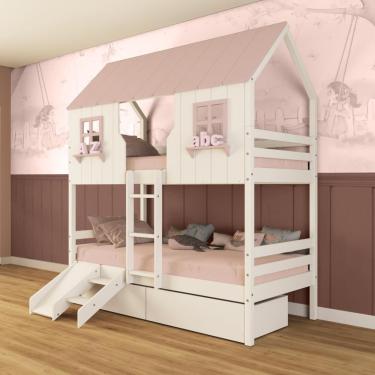 Imagem de Beliche Casinha Encantada Com 02 Gavetas Kit Escada/ Escorregador Madeira Maciça Branco/ Rosa Megamobilia