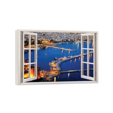 Imagem de Impressão lona janela falsa-Paisagem urbana noturna-Imagem arte parede paisagem-Pintura moderna para banheiro decoração 50x70cm20x27in Tela Embrulhada