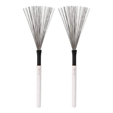 Imagem de 1 par de escovas de bateria Escova de baqueta de arame de aço com cabo de madeira confortável, escovas de percussão portáteis para jazz, rock, acústico e uso extensivo (Branco)