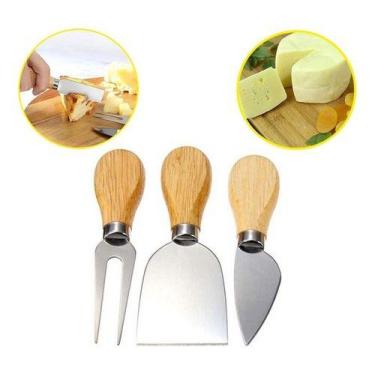 Imagem de Kit Para Queijo Petisco Três Peças De Aço Inox E Madeira - DAP, Cinza 