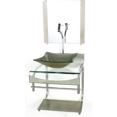 Imagem de Gabinete de vidro 40cm para banheiro curvado duplo inox cuba quadrada 