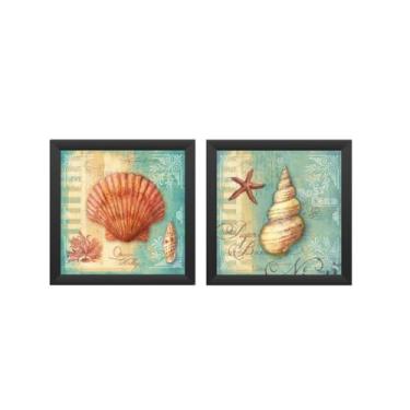 Imagem de kit 2 quadros decorativos, banheiro, lavabo, toalete, praia - molduras em madeira, com vidro, tamanho 18x18 cm. (preta)