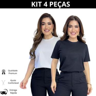 Imagem de Kit 4 Blusas Femininas Tshirts 100% Algodão Baby Look - Nenfa, Preto, 