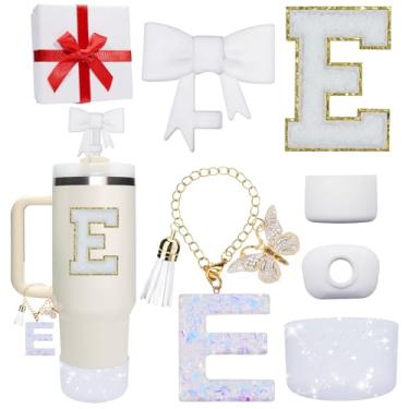 Imagem de Miglaja Acessórios rosa para Stanley Cup 850.5 g 1,134.0 g, todos os acessórios caixa de presente contêm topo de palha de flor, bota de silicone, adesivos de letras e pingentes, conjunto de tampa de