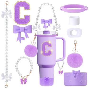 Imagem de MOTEERLLU Conjunto de acessórios de copo Stanley roxo de 9 peças para copo de 850 g 1,134 g com alça, incluindo enfeite de palha de arco e bota, alça de alça de pérola e pingente de alça, adesivo de
