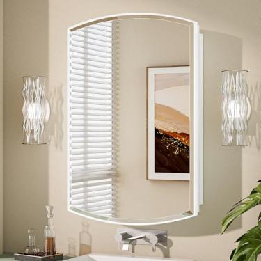 Imagem de Keonjinn Armário de remédios branco com espelho 51 x 76 cm, armário de parede com moldura de metal com espelho chanfrado, suporte de superfície ou armário de remédios arqueado embutido para banheiro