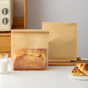 Imagem de 50 sacos de pão de papel kraft marrom de 5,1 polegadas com laço de lata, saco pequeno para embalagem de pão caseiro, saco de bagel de armazenamento espesso com janela transparente para fermento