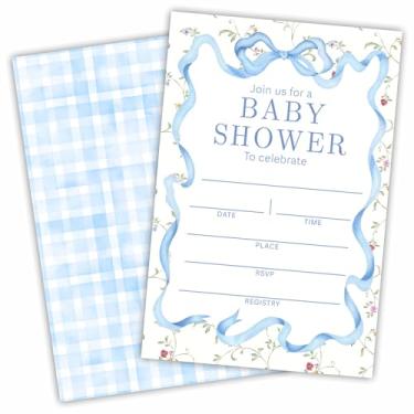 Imagem de DYIRBIIY Convites para chá de bebê - conjunto de 25 laços de fita azul e cartões de convites de preenchimento de flores silvestres com envelopes - anúncio de bebê revelação de gênero suprimentos de